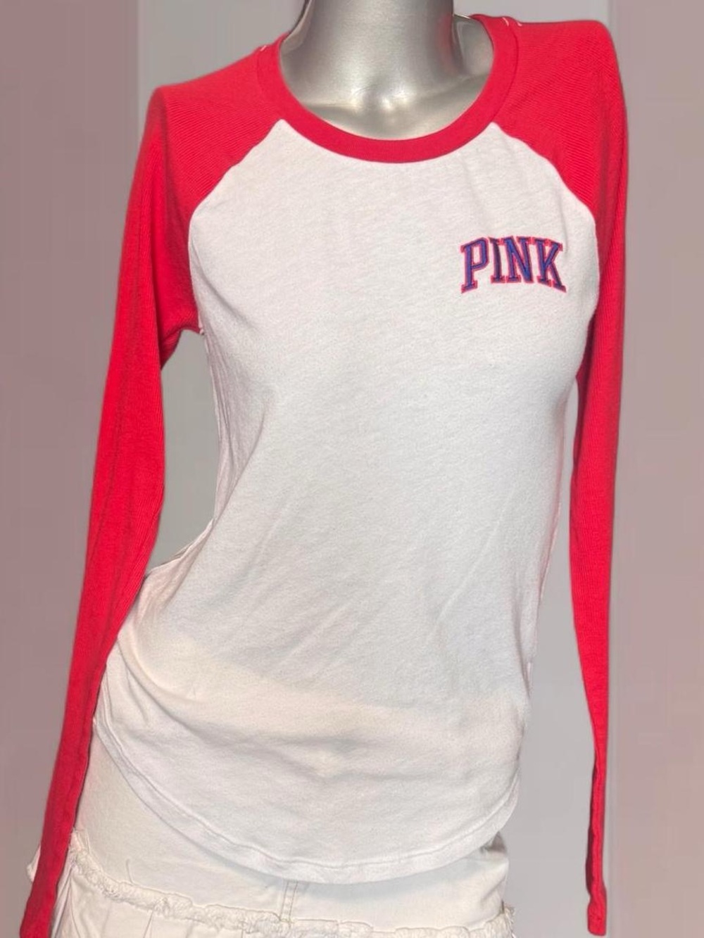 PINK VS Red/White Ringer Long Sleeve Tee